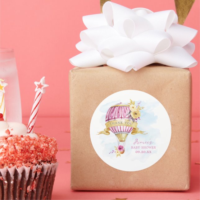 Adesivo Redondo Chá de fraldas de balão de ar quente rosa personal (Festa)