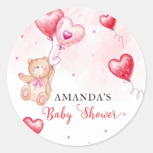 Adesivo Redondo Chá de fraldas de Balão de Coração do Urso Vermelh