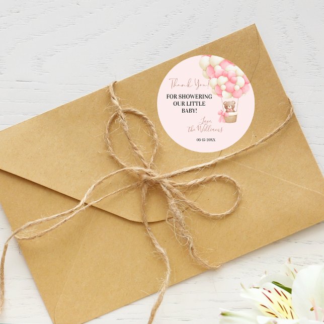 Adesivo Redondo Chá de fraldas de Balão de Urso Rosa Oh Rapariga (Criador carregado)