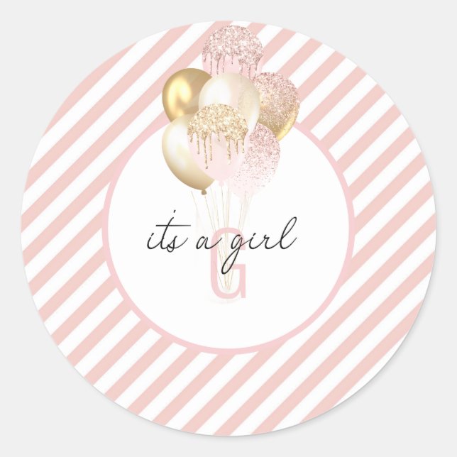 Adesivo Redondo Chá de fraldas de Balões Rosa e Dourado (Frente)