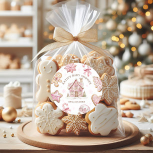 Adesivo Redondo Chá de fraldas de Biscoito de Pão de Natal Rosa