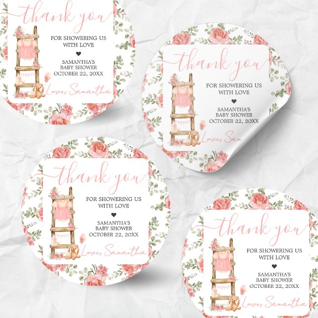 Adesivo Redondo Chá de fraldas de Boho para Garota Doce (Pink Boho Clothes Baby Shower Sticker)