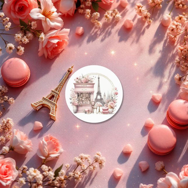 Adesivo Redondo Chá de fraldas de Bonjour Bébé (Bonjour Bébé Parisian Baby Shower Classic Round Sticker)