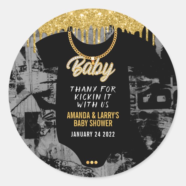 Adesivo Redondo Chá de fraldas de Cadeia Dourada Hip Hop (Frente)