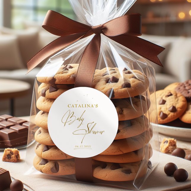 Adesivo Redondo Chá de fraldas de Caligrafia Dourada (Criador carregado)