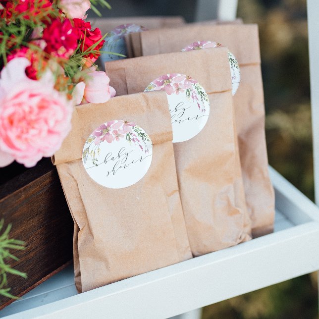 Adesivo Redondo Chá de fraldas de Caligrafia Floral Elegante no Me (Sticker Mock-up)