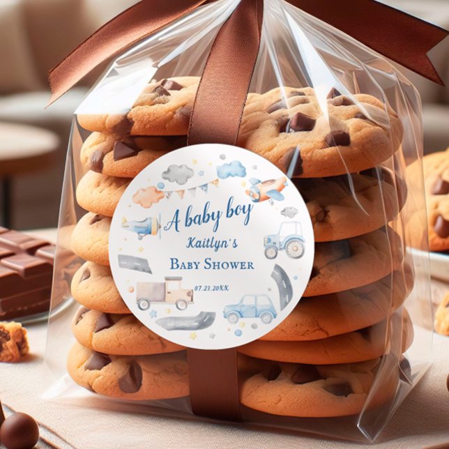 Adesivo Redondo Chá de fraldas de Carros de Transporte de Menino (Criador carregado)