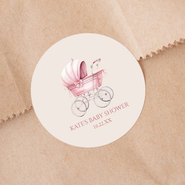 Adesivo Redondo Chá de fraldas de Carruagem de Bebê Rosa Elegante (Criador carregado)