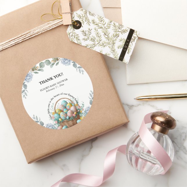 Adesivo Redondo Chá de fraldas de cesto de ovos de Páscoa azul Ele (Presentear)