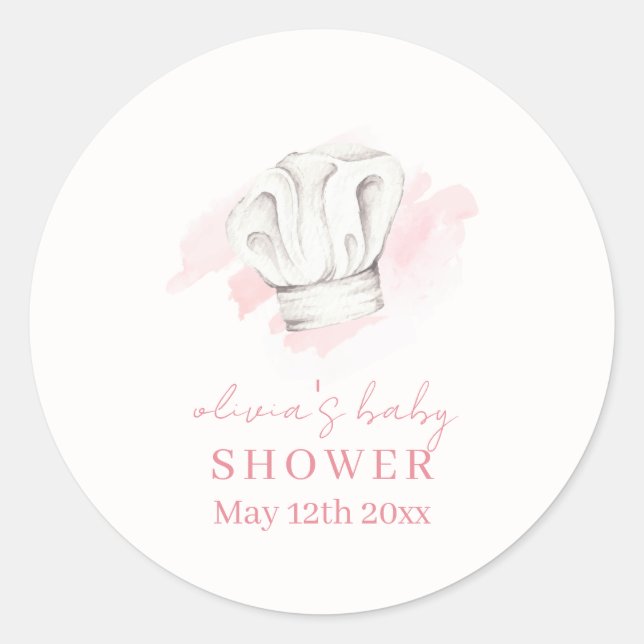 Adesivo Redondo Chá de fraldas de Chef Moderno e Simples Rosa (Frente)