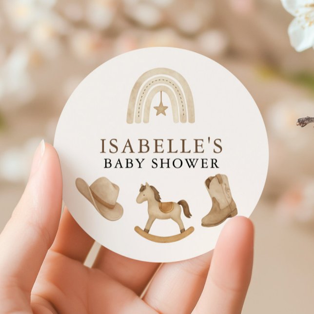 Adesivo Redondo Chá de fraldas de cowboy pequeno (Little Cowboy Baby Shower Classic Round Sticker)