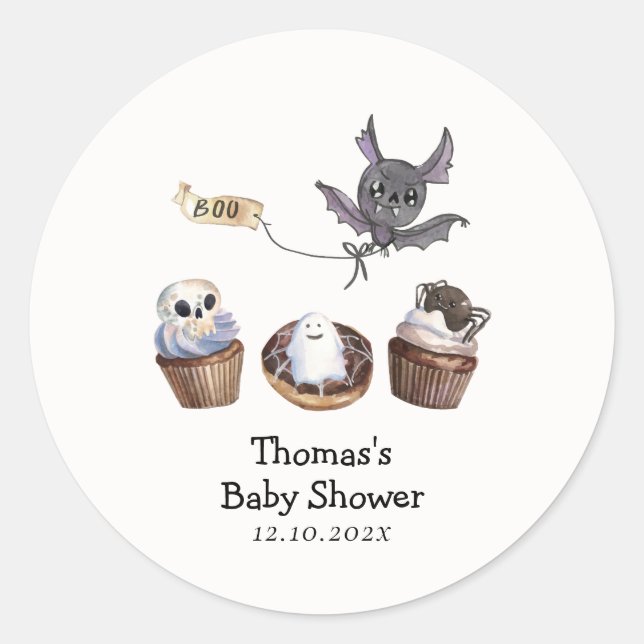 Adesivo Redondo Chá de fraldas de cupcake de Boo Halloween (Frente)
