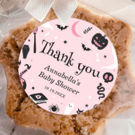 Adesivo Redondo Chá de fraldas de Dia das Bruxas Rosa, Muito Obrig