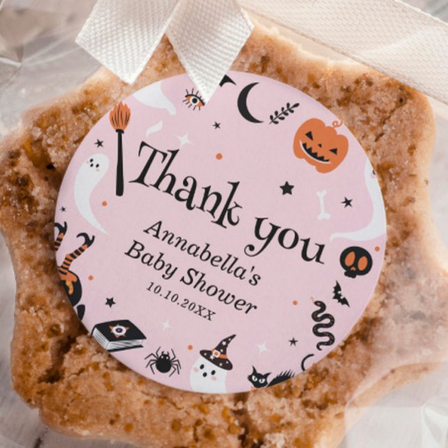 Adesivo Redondo Chá de fraldas de Dia das Bruxas Rosa, Obrigado (Criador carregado)
