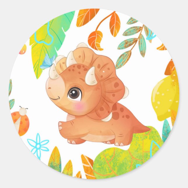 Adesivo Redondo Chá de fraldas de Dinossauro Laranja Tropical Clás (Frente)