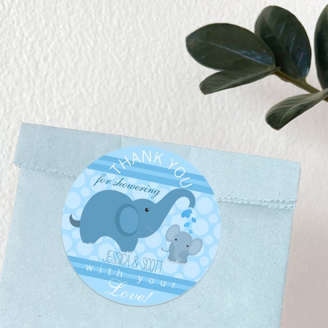 Adesivo Redondo Chá de fraldas de Elefante para Bebês (Boy Baby Elephant Baby Shower Sticker)