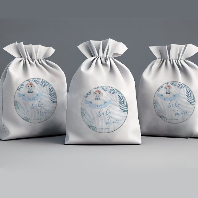 Adesivo Redondo Chá de fraldas de Elefante Verde Azul-Cura Verde (Cute Blue Watercolor Greenery Elephant Baby Shower Classic Round Sticker)