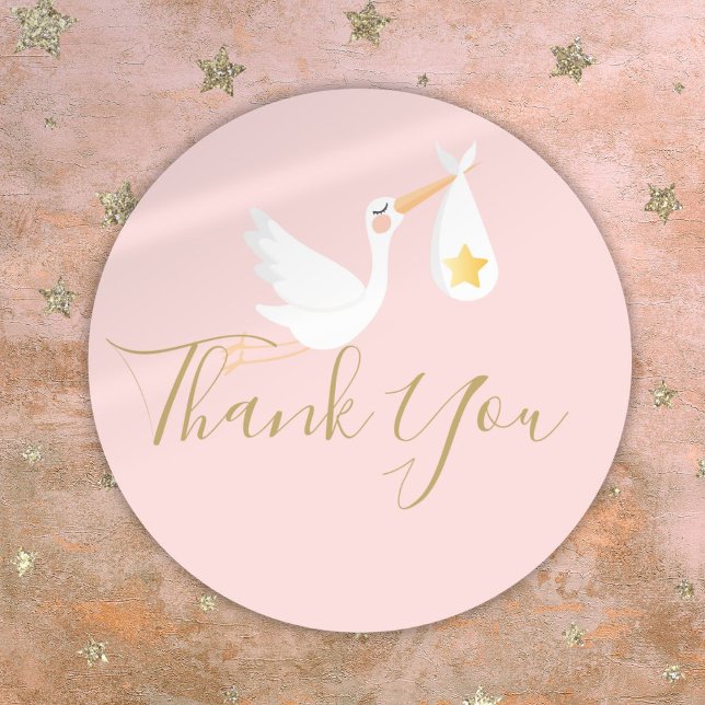 Adesivo Redondo Chá de fraldas de Entrega Especial Obrigado Rosa (Special Delivery Stork Baby Shower Thank You Pink Classic Round Sticker)