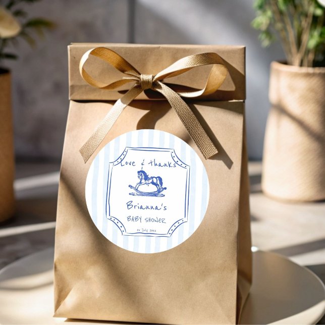 Adesivo Redondo Chá de fraldas de esboço azul de cavalo (Blue rocking horse handrawn sketch vintage baby shower favor sticker personalized favor stickers)