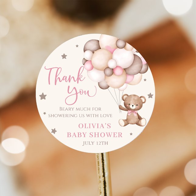 Adesivo Redondo Chá de fraldas de Espera do Balão do Urso Rosa (Criador carregado)