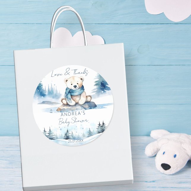 Adesivo Redondo Chá de fraldas de espera do urso polar (Polar bear winter bearly wait baby shower favor sticker cute polar bear cub thank you stickers)