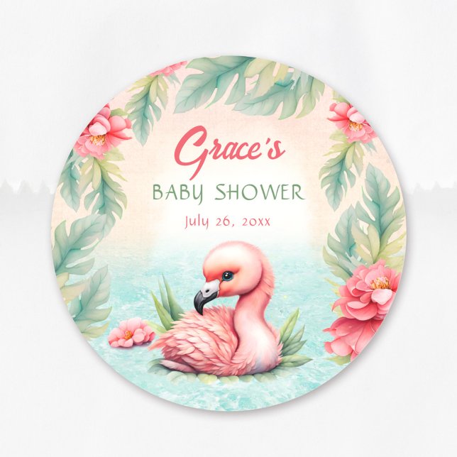 Adesivo Redondo Chá de fraldas de Flamingo, Rosa Tropical de Verão (Tropical Summer Pink Flamingo Girl Baby Shower Classic Round Sticker)