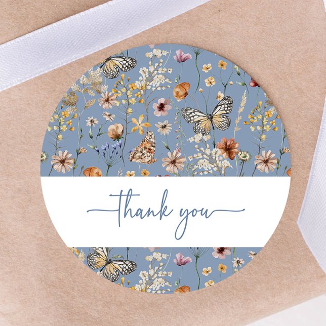 Adesivo Redondo Chá de fraldas de flor selvagem azul (Blue Boho Wildflower Baby Shower Sticker by Painted Paperie
)