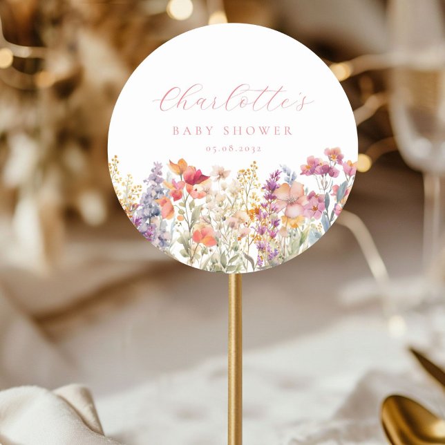 Adesivo Redondo Chá de fraldas de flor selvagem moderno (Personalized, Modern, Colorful, Wildflower Baby Shower Classic Round Sticker with your name & date.)