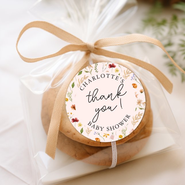 Adesivo Redondo Chá de fraldas De Flor Selvagem Obrigado (Little Wildflower Girl Baby Shower Thank You Classic Round Sticker)