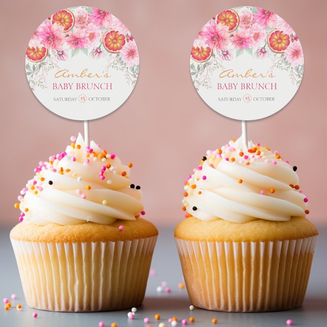 Adesivo Redondo Chá de fraldas de Flores de Aquarelas Rosa Citrus (Citrus Pink Watercolor Flowers Baby Shower Cupcake toppers, girl baby shower)