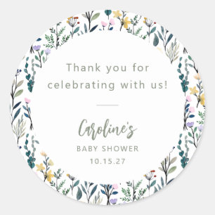 Adesivo Redondo Chá de fraldas de Flores Selvagens Boho Watercolor