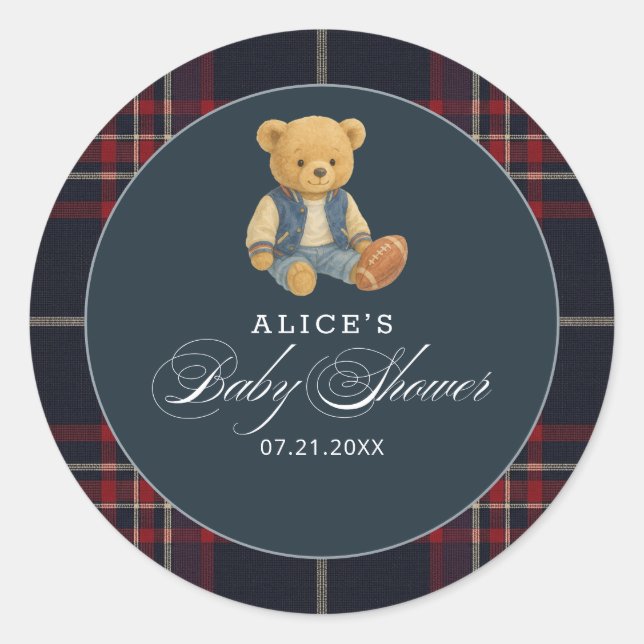 Adesivo Redondo Chá de fraldas de futebol do Preppy Bear (Frente)