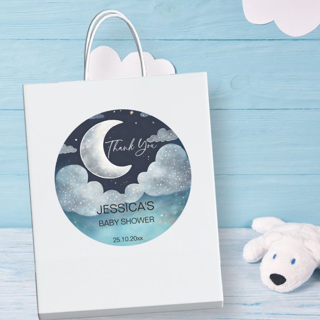 Adesivo Redondo Chá de fraldas de galáxias lunares a favor (Moon galaxy baby shower thank you favor sticker navy blue sky silver  moon favor stickers)