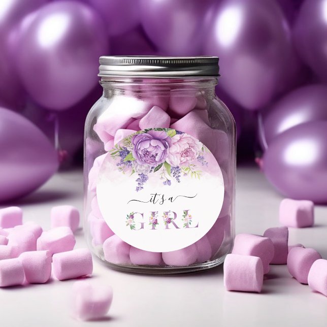 Adesivo Redondo Chá de fraldas De Garden Flowers De Púrpura E Rosa (Purple And Pink Garden Flowers Girl Baby Shower Classic Round Sticker!)