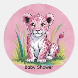 Adesivo Redondo Chá de fraldas de Garota de Leão Rosa