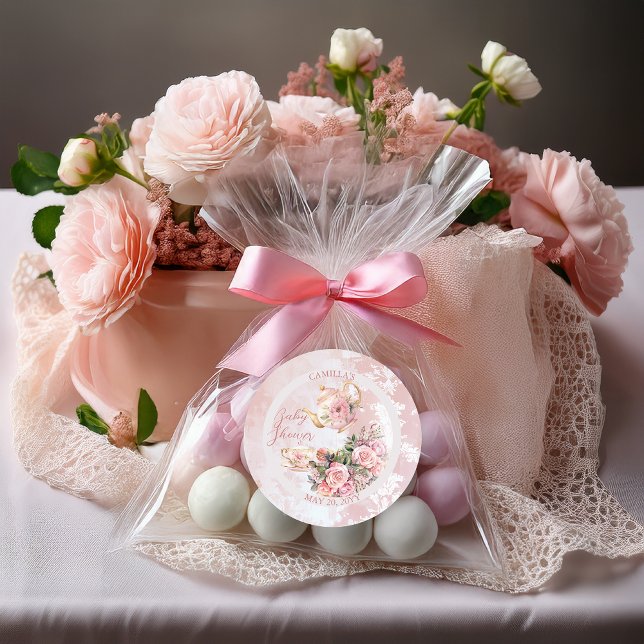 Adesivo Redondo Chá de fraldas de Garota Floral Elegante Rosa Alta (Elegant Pink Roses Floral High Tea Teapot and Teacup Girl Baby Shower Favor Stickers)