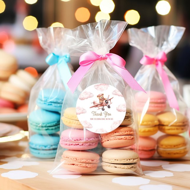 Adesivo Redondo Chá de fraldas de Garota Rosa de Avião de Urso Bon (Cute Bear Airplane Pink Girl Baby Shower Thank You Classic Round Sticker)