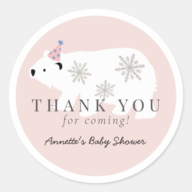 Adesivo Redondo Chá de fraldas de Garota Rosa Polar Obrigado (Frente)