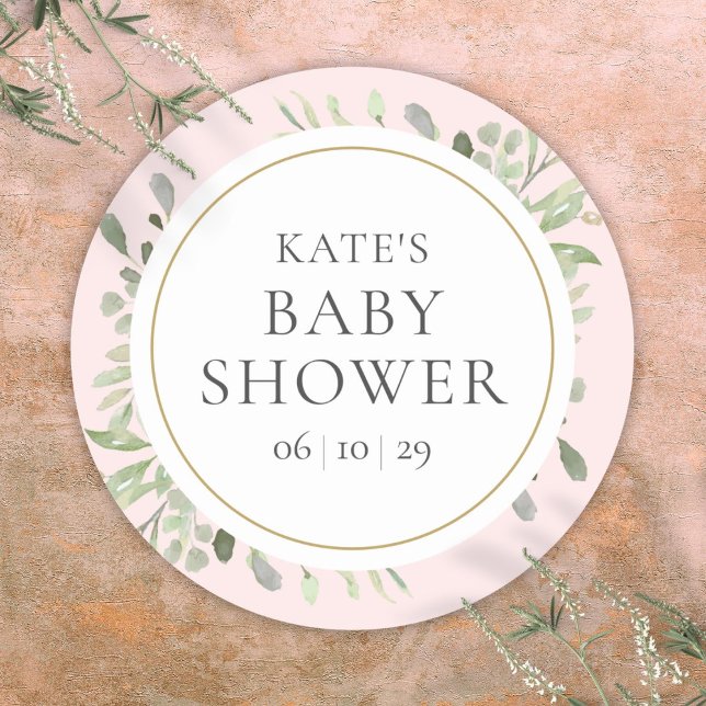 Adesivo Redondo Chá de fraldas de Garota Rosa-Verde-Molhada (Watercolor Greenery Pink Girl Baby Shower Classic Round Sticker)