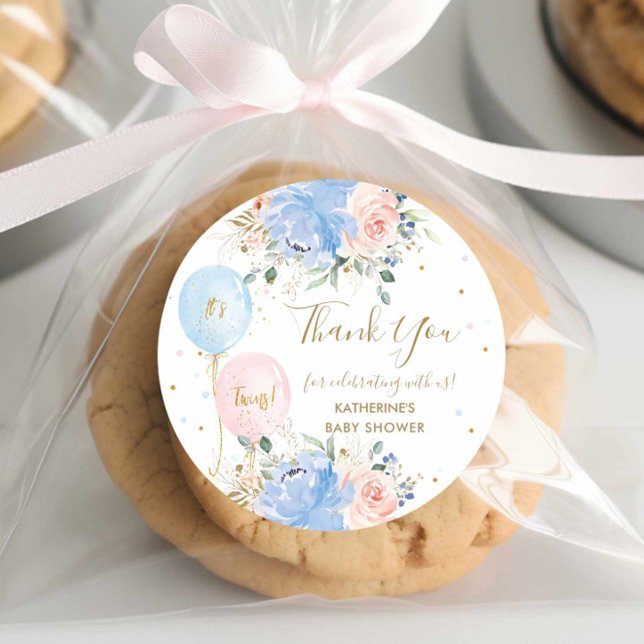 Adesivo Redondo Chá de fraldas de Gêmeos Florais Azul-Rosa (Criador carregado)