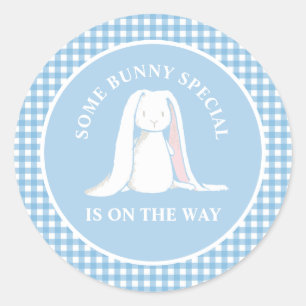 Adesivo Redondo Chá de fraldas de gingham azul Bunny