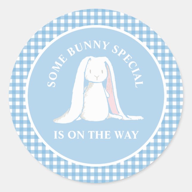 Adesivo Redondo Chá de fraldas de gingham azul Bunny (Frente)