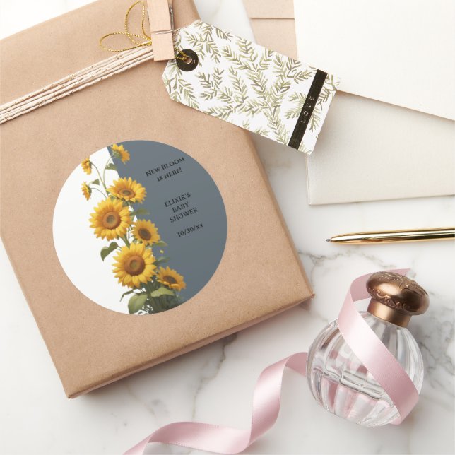 Adesivo Redondo Chá de fraldas de girassol azul (Presentear)