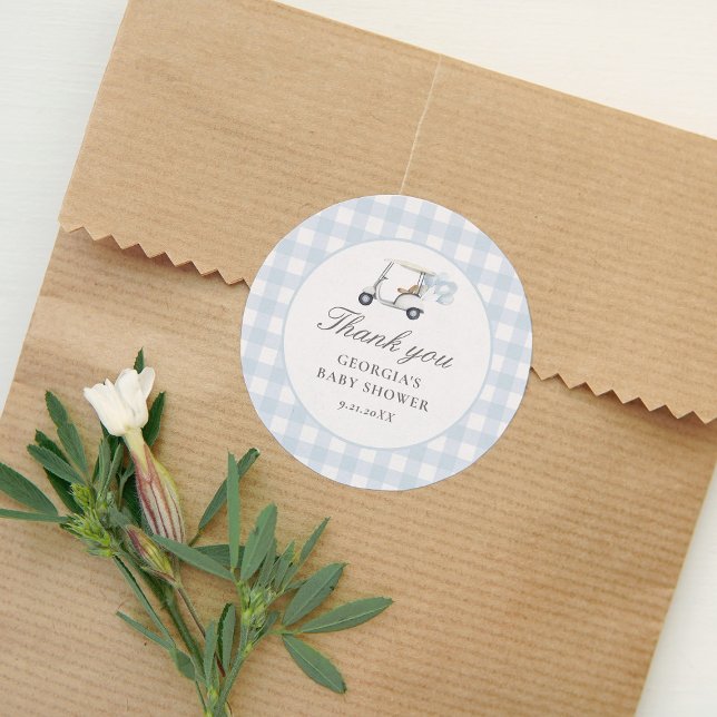 Adesivo Redondo Chá de fraldas de Golfe de Gingham Azul (Criador carregado)