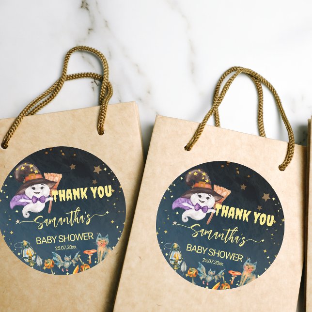 Adesivo Redondo Chá de fraldas de Halloween obrigado fantasma fofo (Halloween baby shower thank you favor gift stickers cute baby ghost starry night background)