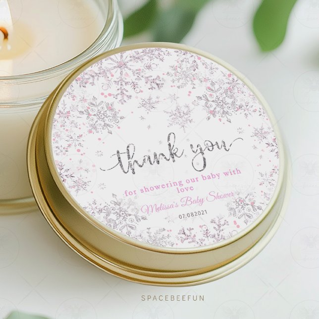 Adesivo Redondo Chá de fraldas de inverno em floco de neve (snowflake baby shower,sticker thank you,invitation,winter baby shower,baby shower,snowflake theme,wi)