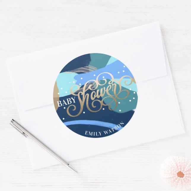 Adesivo Redondo Chá de fraldas de Letras Douradas do Moderna Surpr (Envelope)