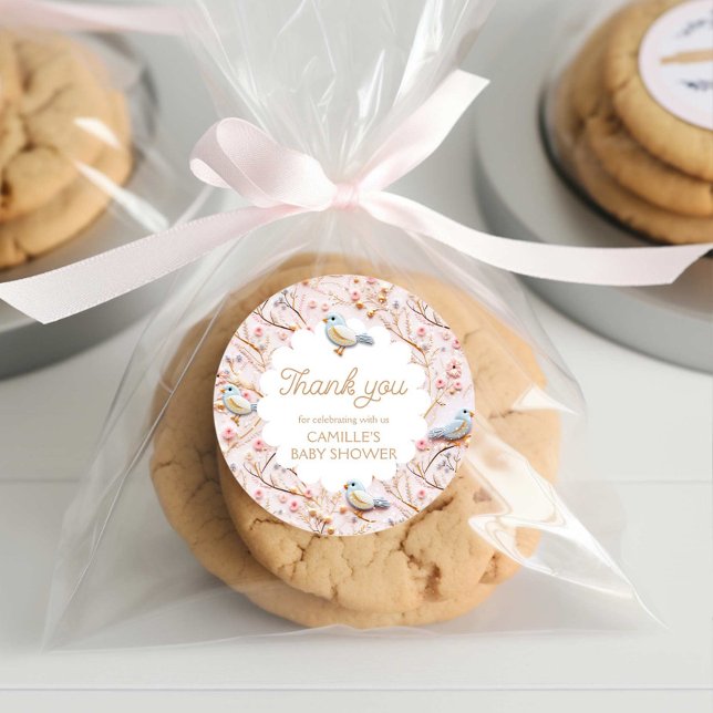 Adesivo Redondo Chá de fraldas de menina Floral Rosa-Inverno Obrig (Winter Pink Floral Girl Baby Shower Thank you Sticker)