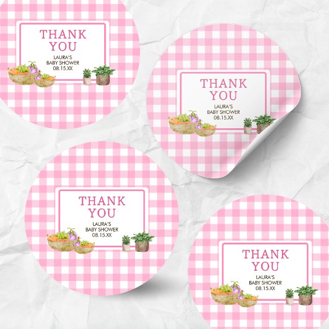 Adesivo Redondo Chá de fraldas De Mercado Dos Agricultores Cultiva (Pink Farmers Market Locally Grown Baby Shower Round Sticker)