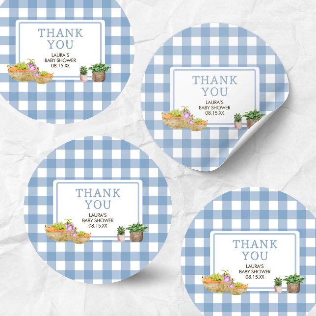 Adesivo Redondo Chá de fraldas de Mercado para Agricultores Cultiv (Blue Farmers Market Locally Grown Baby Shower Round Sticker)